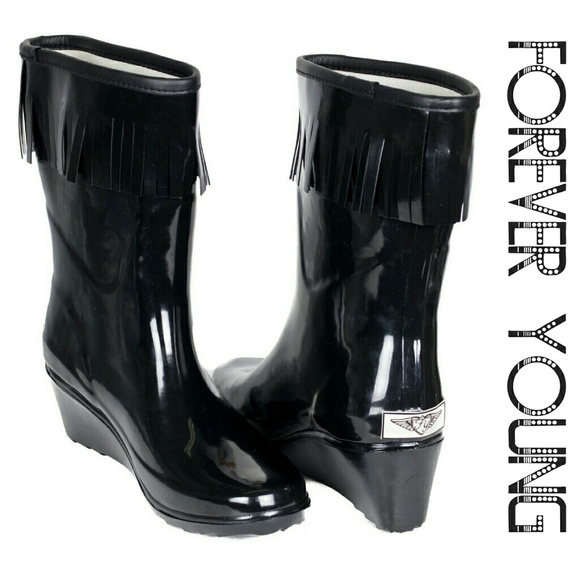 Forever Young Shoes - Women Rain Boots, Mid Calf Rubber Wedge Rainboots with Tassels, RB-1811, Black